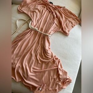 XS - ATM Pink Modal Midi Length Tie Waist Dress - Off the shoulder